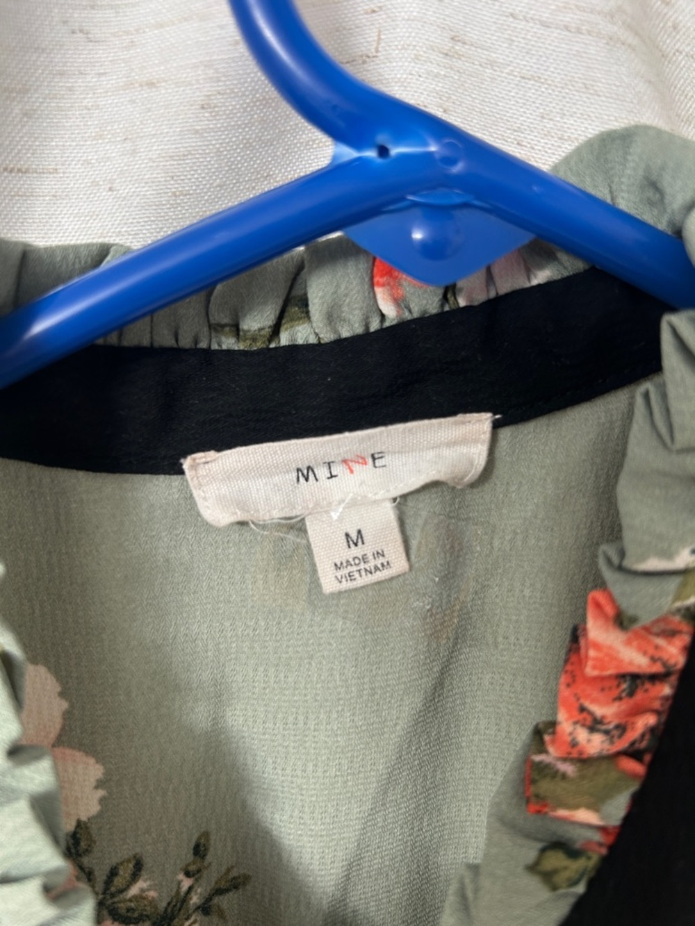 mine Sage Green Floral Ruffle Tie-Neck Blouse with Black Trim - Picture 2 of 4